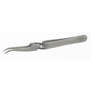 Präzisionspinzette 18/10 Stahl extra spitz, gebogen, Spitzen ohne Riefen, selbstspannend, L=120mm<br />Gewicht in g: 14,0