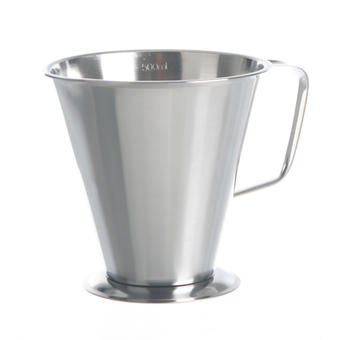 Messbecher 18/10Stahl, mit Ausguss und Griff, konische Form mit Fuß, Graduierung 100ml, 2 Liter, HxD=185x160mm,Gewicht in g: 391,0