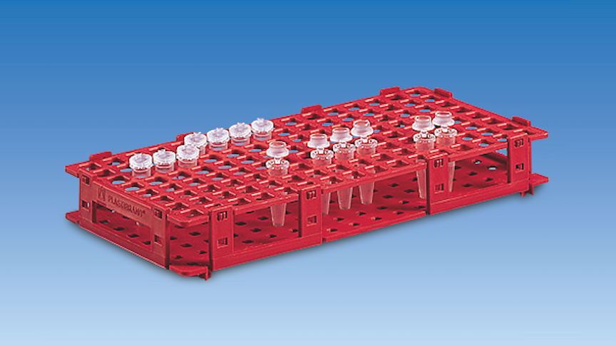 Reaktionsgefäß-Ständer, farbig, PP 128 Stellplätze für Gefäße mit Ø bis 11 mm, rot